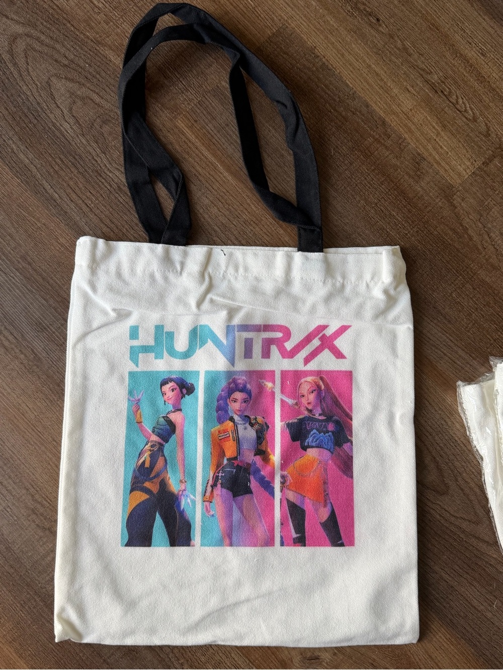 K Pop White Graphic Tote Bag with Black Straps